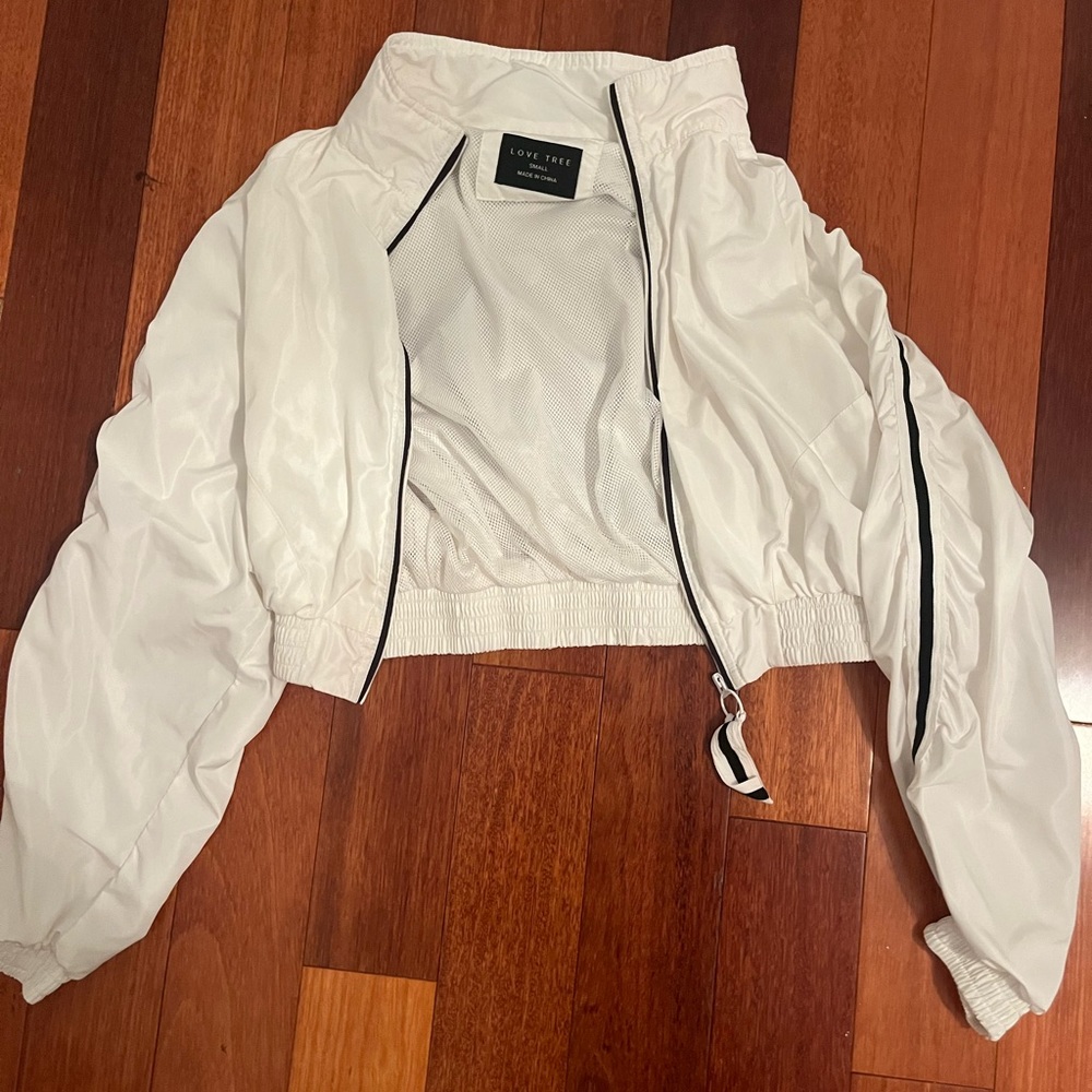 Nylon white cropped rain jacket, white with black stripe on sides